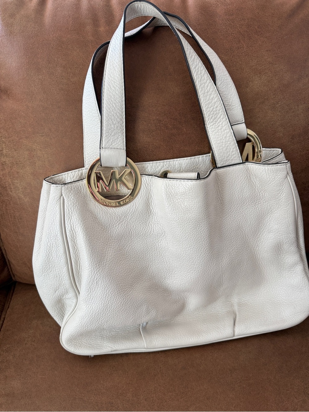 Michael Kors Cream Pebbled Leather Tote with Gold MK Medallions